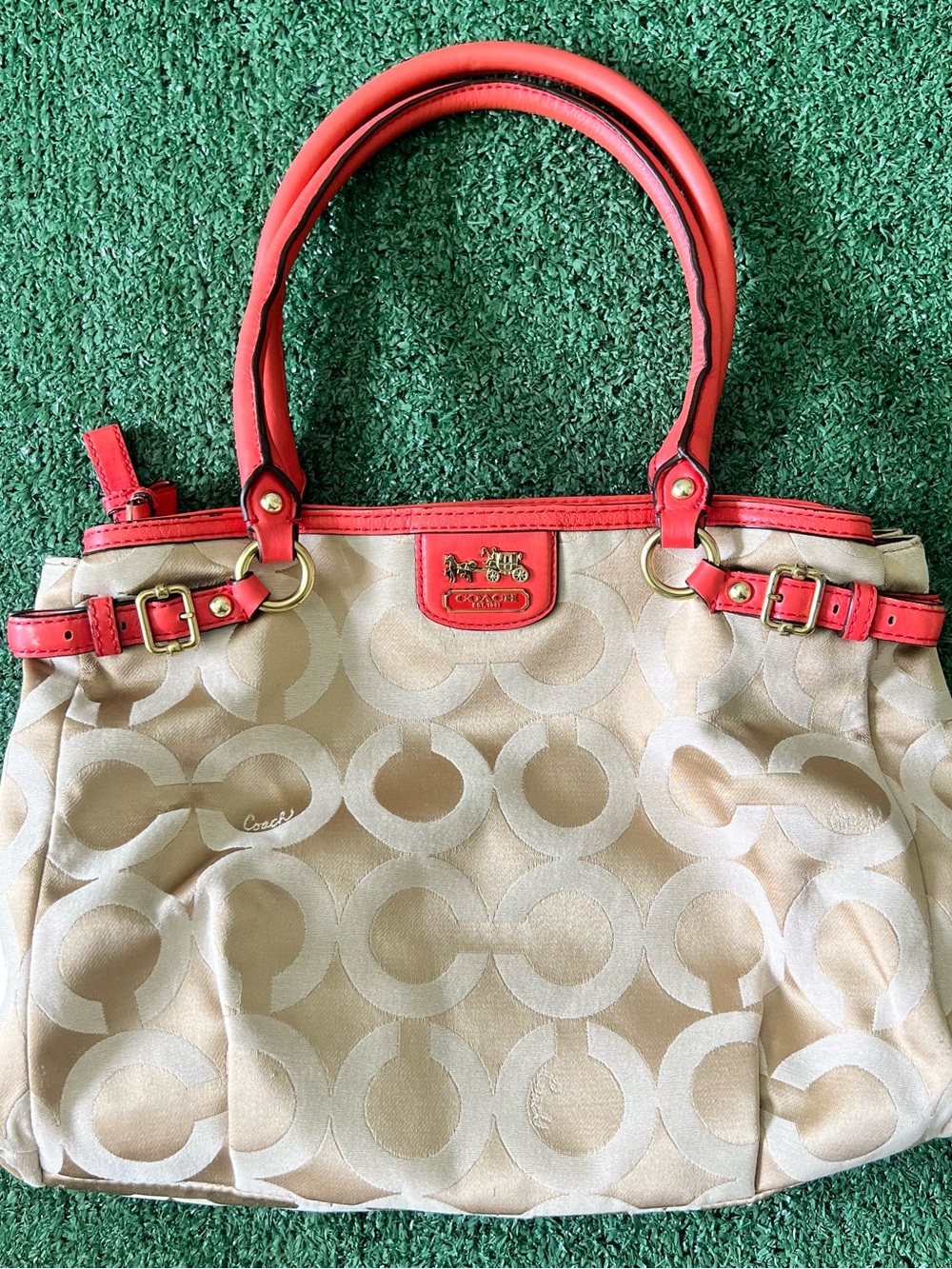 Coach Madison Op Art Sateen Kara Carryall Purse - Tote - Handbag - Coral 22344